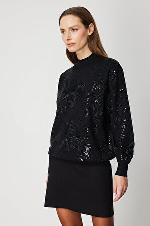 On Kadın Taşlı Dik Yaka Triko Kazak 60323 Siyah