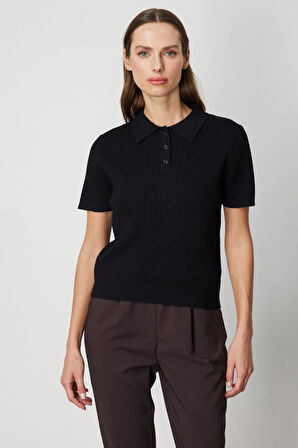 On Kadın Örgülü Kısa Kollu Triko Kazak 60314 Siyah