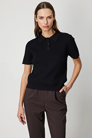 On Kadın Örgülü Kısa Kollu Triko Kazak 60314 Siyah