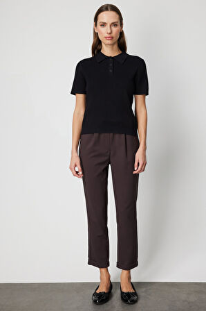 On Kadın Örgülü Kısa Kollu Triko Kazak 60314 Siyah