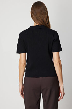 On Kadın Örgülü Kısa Kollu Triko Kazak 60314 Siyah