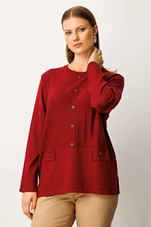 On Kadın Kabartma Desenli Süs Düğmeli Triko Kazak 65358 Bordo