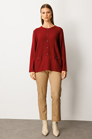 On Kadın Kabartma Desenli Süs Düğmeli Triko Kazak 65358 Bordo