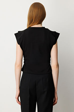 On Kadın Yakası Taş Detaylı Sıfır Yaka Bluz 66310 Siyah