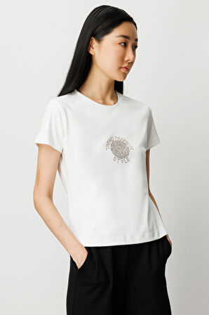 On Kadın Önü Taş Baskılı Kısa Kollu Bluz 61330 Ekru