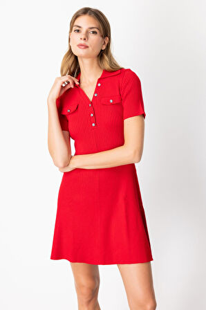 On Kadın Eteği Volanlı Mini Triko Elbise 65401 Kırmızı