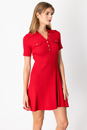 On Kadın Eteği Volanlı Mini Triko Elbise 65401 Kırmızı