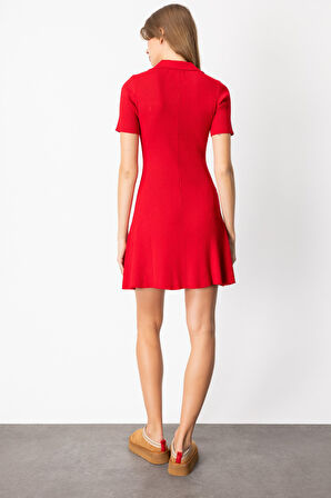 On Kadın Eteği Volanlı Mini Triko Elbise 65401 Kırmızı