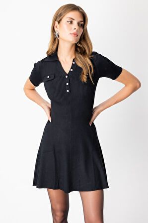 On Kadın Eteği Volanlı Mini Triko Elbise 65401 Siyah