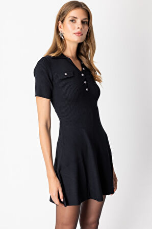 On Kadın Eteği Volanlı Mini Triko Elbise 65401 Siyah