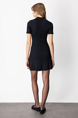 On Kadın Eteği Volanlı Mini Triko Elbise 65401 Siyah