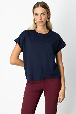 On Kadın Önü Verev Sıfır Yaka Bluz 61584 Lacivert