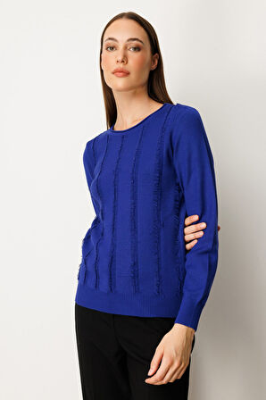 On Kadın Sıfır Yaka Püskül Detaylı Triko Kazak 65306 Saks