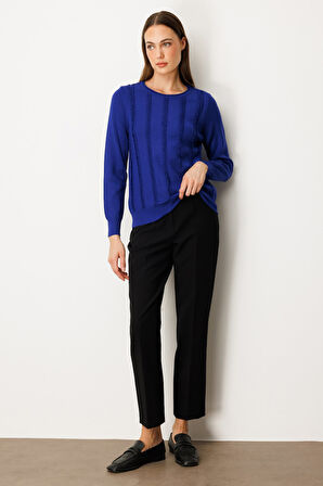 On Kadın Sıfır Yaka Püskül Detaylı Triko Kazak 65306 Saks