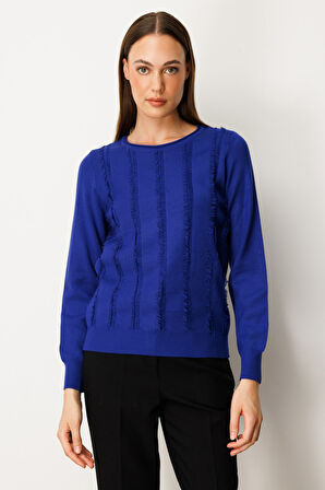 On Kadın Sıfır Yaka Püskül Detaylı Triko Kazak 65306 Saks