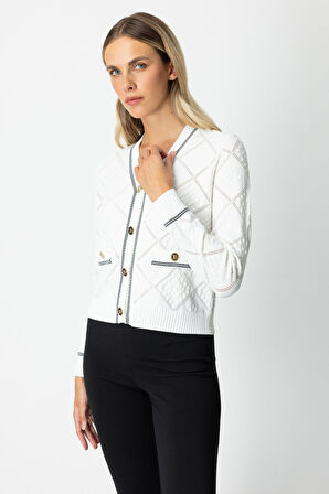 On Kadın V Yaka Kabartmalı Hırka 60950 Ekru