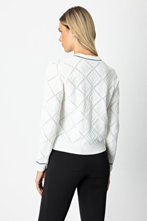 On Kadın V Yaka Kabartmalı Hırka 60950 Ekru