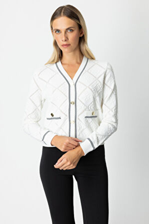 On Kadın V Yaka Kabartmalı Hırka 60950 Ekru