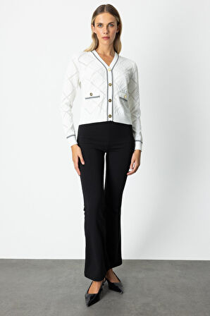 On Kadın V Yaka Kabartmalı Hırka 60950 Ekru