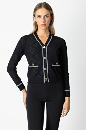 On Kadın V Yaka Kabartmalı Hırka 60950 Siyah