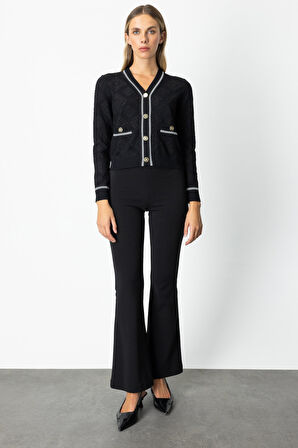 On Kadın V Yaka Kabartmalı Hırka 60950 Siyah