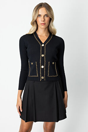 On Kadın Zincirli Fitilli Hırka 60951 Siyah