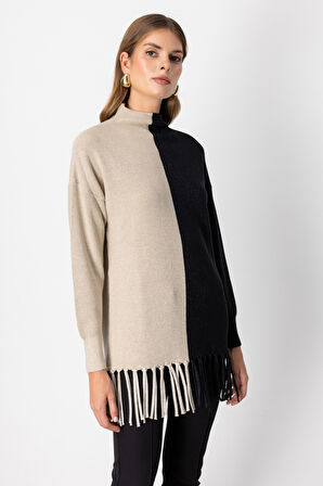 On Kadın Simli Kumaş Püsküllü Kazak 65377 Bej