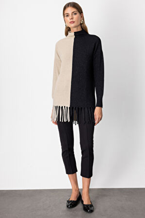 On Kadın Simli Kumaş Püsküllü Kazak 65377 Bej