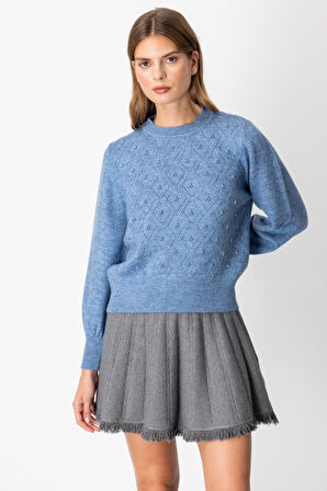 On Kadın Sim Detaylı İncili Kazak 63316 Mavi