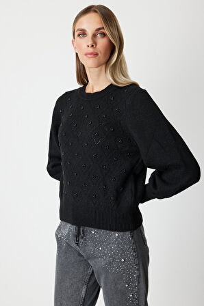 On Kadın Sim Detaylı İncili Kazak 63316 Siyah