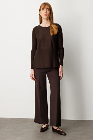 On Kadın Yanları Fermuarlı Sıfır Yaka Triko Kazak 65318 Kahverengi