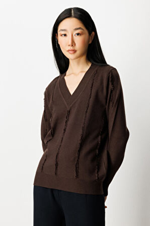 On Kadın Yaka Şerit Kırçıllı Triko Kazak 65321 Kahverengi