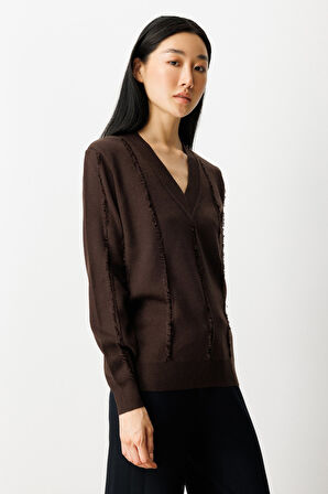 On Kadın Yaka Şerit Kırçıllı Triko Kazak 65321 Kahverengi