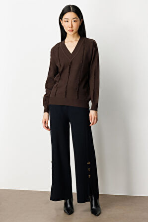 On Kadın Yaka Şerit Kırçıllı Triko Kazak 65321 Kahverengi