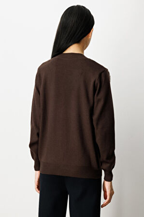 On Kadın Yaka Şerit Kırçıllı Triko Kazak 65321 Kahverengi