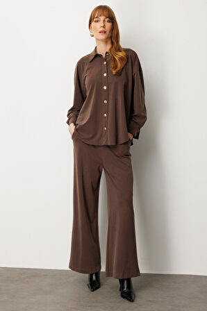 On Kadın Düşük Omuzlu Uzun Gömlek 66306 Kahverengi