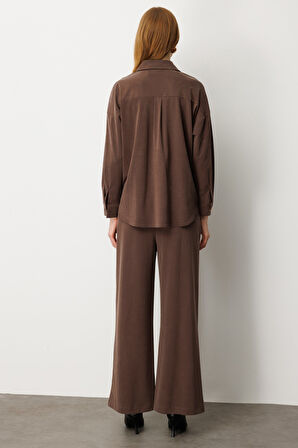 On Kadın Düşük Omuzlu Uzun Gömlek 66306 Kahverengi