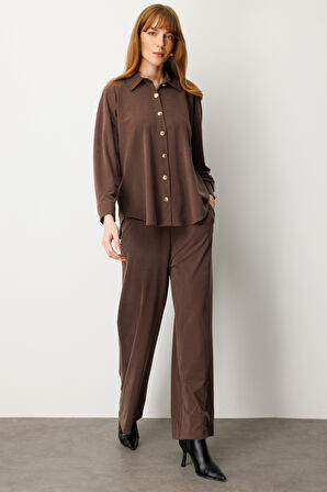 On Kadın Beli Lastikli Bol Paça Pantolon 66307 Kahverengi