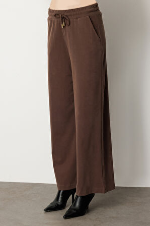 On Kadın Beli Lastikli Bol Paça Pantolon 66307 Kahverengi