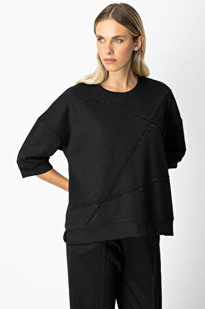 On Kadın Düşük Kol Taşlı Sweat 66546 Siyah