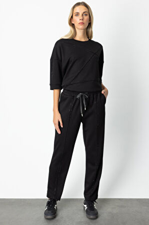 On Kadın Beli Lastikli Taşlı Eşofman Altı 66547 Siyah