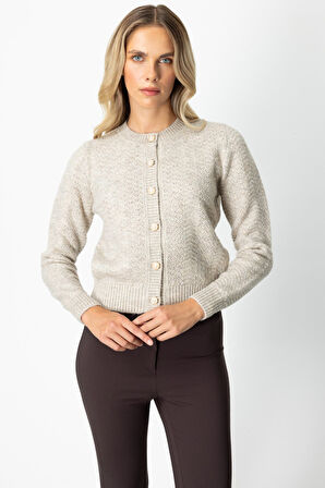 On Kadın Düğmeli Sıfır Yaka Hırka 63903 Bej