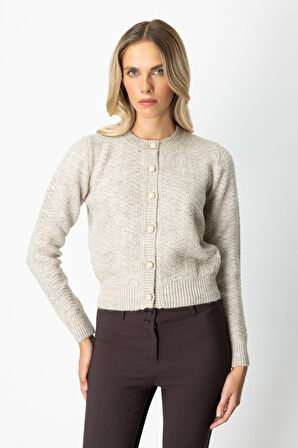 On Kadın Düğmeli Sıfır Yaka Hırka 63903 Bej