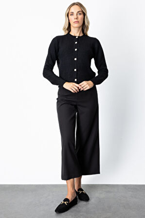 On Kadın Düğmeli Sıfır Yaka Hırka 63903 Siyah