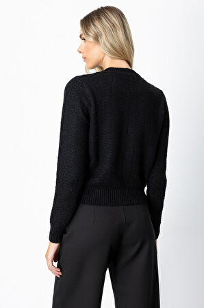 On Kadın Düğmeli Sıfır Yaka Hırka 63903 Siyah