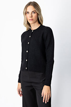 On Kadın Düğmeli Sıfır Yaka Hırka 63903 Siyah