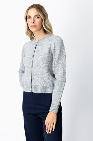 On Kadın Düğmeli Sıfır Yaka Hırka 63903 Gri