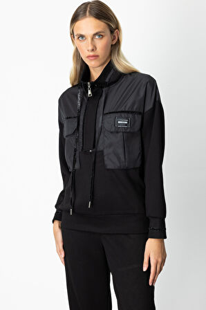 On Kadın Yakası Fermuarlı Mix Kumaş Eşofman Üstü 66324 Siyah