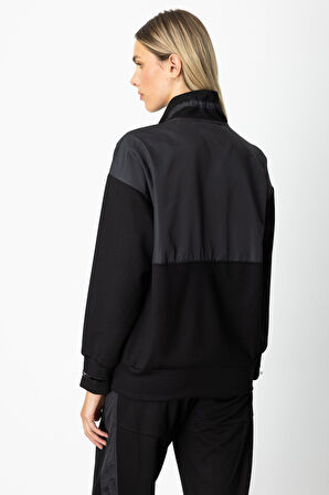 On Kadın Yakası Fermuarlı Mix Kumaş Eşofman Üstü 66324 Siyah