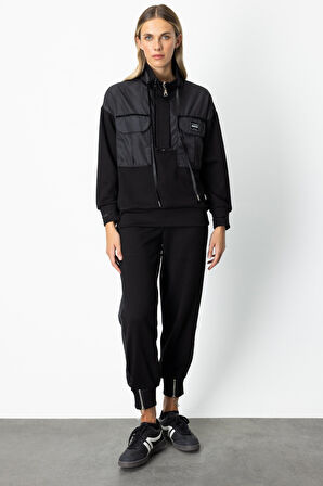 On Kadın Yakası Fermuarlı Mix Kumaş Eşofman Üstü 66324 Siyah